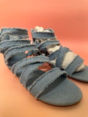 Cape Robbin Light Blue Frayed Denim Strappy Sandals
